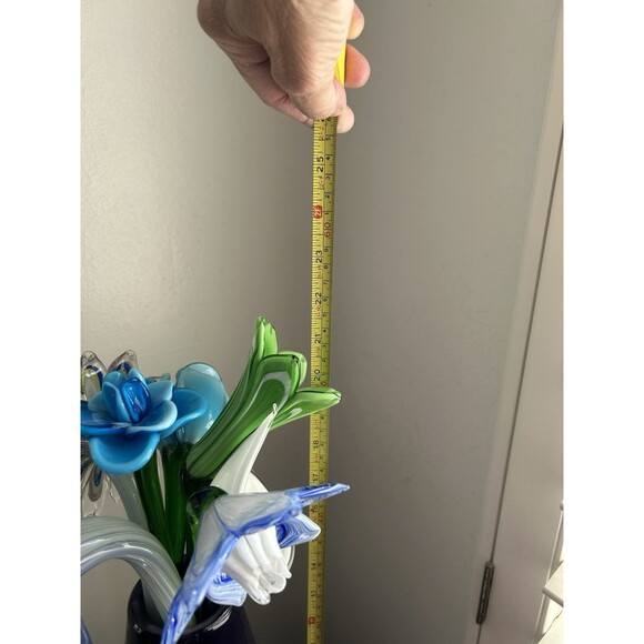 Bouquet Of Murano Hand Blown Long Stem Glass Flowers In A Purple Glass Vase - Picture 8 of 11